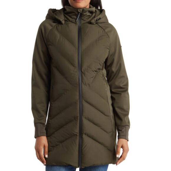BCBGeneration Womens S Mixed Media Hooded Quilted Jacket in Loden NEW - Picture 1 of 11